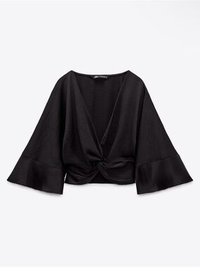 Zara Black Knot-Front V-Neck Bell Sleeve Crop Top with Side Zipper NWOT. XL